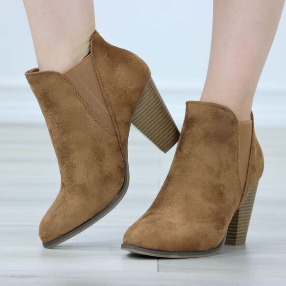 Tan Suede Ankle Boots Chelsea Pointed Toe Cone High Heel Booties - Picture 8 of 10